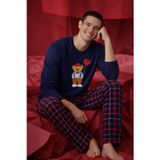 Erkek Pamuklu Ayıcık Baskılı Ekose Desenli Pijama Takımı
