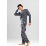 Erkek Pamuklu Bisiklet Yaka Baskılı Uzun Kollu Pijama Takımı 9804 Gri - 2XL
