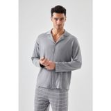 Erkek Pamuklu Gri Ekose Desenli Uzun Kollu Cep Detaylı Gömlek Yaka Pijama Takımı