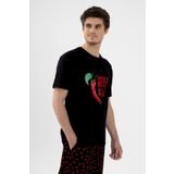 Erkek Pamuklu Kısa Kollu Chilli Baskılı Cep Detaylı Pijama Takımı Kırmızı - Siyah M