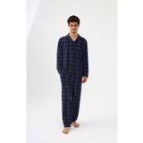 Erkek Pamuklu Mavi Ekose Desenli Uzun Kollu Cep Detaylı Gömlek Yaka Pijama Takımı Mavi Ekose L