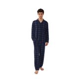 Erkek Pamuklu Mavi Ekose Desenli Uzun Kollu Cep Detaylı Gömlek Yaka Pijama Takımı Mavi Ekose M