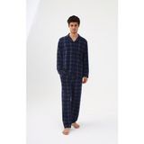 Erkek Pamuklu Mavi Ekose Desenli Uzun Kollu Cep Detaylı Gömlek Yaka Pijama Takımı - XL