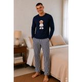 Erkek Pamuklu Uzun Kollu Ayıcık Baskılı Alt Çizgili Pijama Takımı