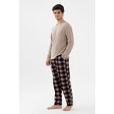 Erkek Pamuklu Uzun Kollu Basic Siyah - Vizon Ekose Desenli Cep Detaylı Pijama Takımı