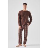 Erkek Pamuklu Uzun Kollu Ekose Desenli Pijama Takımı Kahverengi