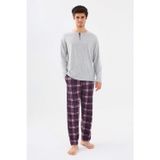 Erkek Pamuklu Uzun Kollu Önü Patlı Ekose Desenli Pijama Takımı - -