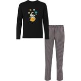 Erkek Pamuklu Uzun Kollu Üst Astronot Baskılı Alt Çizgili Pijama Takımı - Siyah - Beyaz - XL