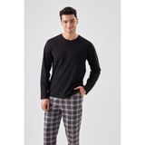 Erkek Pamuklu Uzun Kollu Yamalı Ekose Desenli Pijama Takımı - Siyah - Kırmızı
