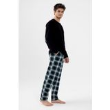 Erkek Pamuklu Uzun Kollu Yamalı Ekose Desenli Pijama Takımı Yeşil Ekose 2XL
