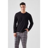 Erkek Pamuklu Uzun Kollu Yamalı Ekose Desenli Pijama Takımı