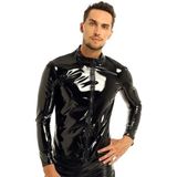 Erkek Parlak Rugan Deri Gömlek, Fermuarlı, Uzun Kollu, Siyah, Slim Fit (Parlak siyah, M)
