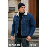 Erkek Peluş Kürklü Basic Salaş Mavi Kot Ceket - XL