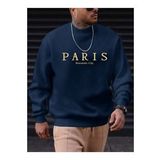 Erkek Petrol Mavi Paris Romantic City Baskılı Bisiklet Yaka Sweatshirt