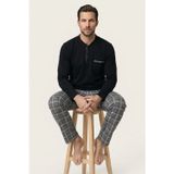 Erkek Pijama Takımı %100 Pamuk Uzun Kollu Henley Yaka Düğmeli Üst Gri-Beyaz Ekose Pantolon Mevsimlik 2'li Set