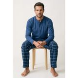 Erkek Pijama Takımı %100 Pamuk Uzun Kollu Henley Yaka Düğmeli Üst Mavi-Çivit Ekose Pantolon Mevsimlik 2'li Set