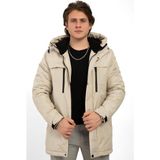Erkek Polarlı Kürklü Su ve Rüzgar Geçirmez Kapüşonlu Kışlık Mont & Kaban & Parka - Taş - XL
