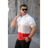 Erkek Polo Yaka Beyaz Krem Turuncu Renk Bloklu %100 Pamuk Tişört - 2532 - S