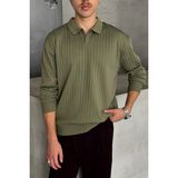 Erkek Polo Yaka Fitilli Oversize Triko Kazak - Haki