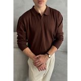 Erkek Polo Yaka Fitilli Oversize Triko Kazak - Kahverengi