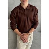 Erkek Polo Yaka Fitilli Oversize Triko Kazak - M - Kahverengi