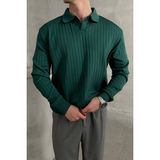 Erkek Polo Yaka Fitilli Oversize Triko Kazak - M - Petrol Yeşili