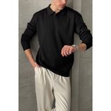 Erkek Polo Yaka Fitilli Oversize Triko Kazak - Siyah