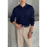 Erkek Polo Yaka Fitilli Oversize Triko Kazak - XL - Lacivert
