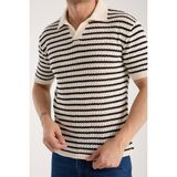 Erkek Polo Yaka Krem Siyah Çizgili Kısa Kollu Triko Tişört - XL