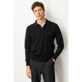 Erkek Polo Yaka Önü Baklavalı Triko Kazak Siyah - 2XL