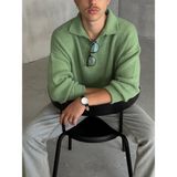 Erkek Polo Yaka Örme Oversize Kazak - Yeşil
