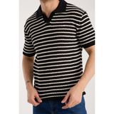 Erkek Polo Yaka Siyah Beyaz Çizgili Kısa Kollu Triko Tişört - 2XL