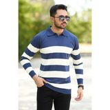 Erkek Polo Yaka Sweatshirt Indigo-Beyaz Çizgili Triko %100 Flament Örme Ribanalı - 1420 - İndigo