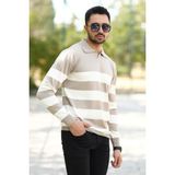 Erkek Polo Yaka Sweatshirt Vizon-Beyaz Çizgili Triko %100 Flament Örme Ribanalı - 1420 - XL