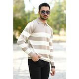 Erkek Polo Yaka Sweatshirt Vizon-Beyaz Çizgili Triko %100 Flament Örme Ribanalı - 1420