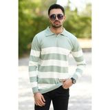 Erkek Polo Yaka Sweatshirt Yeşil-Beyaz Çizgili Triko %100 Flament Örme Ribanalı - 1420 - Çağla