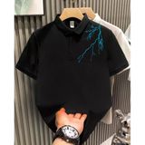 Erkek Polo Yaka Tişört Düğmeli Yıldırım Baskılı Pike T-Shirt - Siyah
