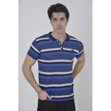 Erkek Polo Yaka Tişört Slim Fit Dokuma Çizgili T-Shirt - Mavi