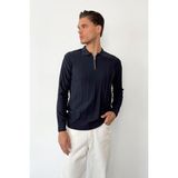 Erkek Polo Yaka Yarım Fermuarlı Şeritli Triko Kazak Lacivert - 27008 - XL