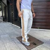 Erkek Rahat Kullanım Beyaz Üç İplik Kışlık Pamuklu Yandan Garneli Kalın Bej Şeritli Cepli Eşofman Altı
