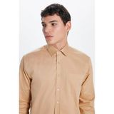 Erkek Regular Fit Klasik Kesim %100 Pamuk Saten Tek Cepli Krem Gömlek