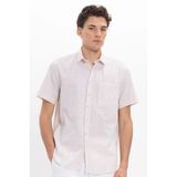 Erkek Regular Fit Klasik Kesim Oversize %100 Pamuk Keten Doku Tek Cepli Çizgili Kısa Kollu Bej Gömlek