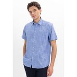 Erkek Regular Fit Klasik Kesim Oversize %100 Pamuk Keten Doku Tek Cepli Çizgili Kısa Kollu Saks Mavi Gömlek