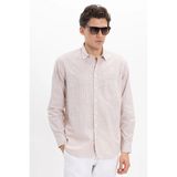 Erkek Regular Fit Klasik Kesim Oversize Uzun Kollu %100 Pamuk Keten Doku Tek Cepli Bej Çizgili Gömlek