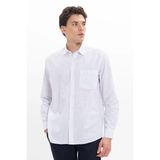 Erkek Regular Fit Klasik Kesim Oversize Uzun Kollu %100 Pamuk Keten Doku Tek Cepli Çizgili Mavi Gömlek