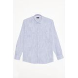 Erkek Regular Fit Klasik Kesim Oversize Uzun Kollu %100 Pamuk Keten Doku Tek Cepli Lacivert Çizgili Gömlek