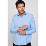 Erkek Regular Fit Klasik Kesim Spor Yaka Armürlü Oxford Garnili Mavi Gömlek