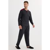 Erkek Regular Fit Pamuklu Düğmeli Yaka Beli Lastikli Desenli Antrasit Pijama Takımı