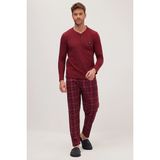 Erkek Regular Fit Pamuklu Düğmeli Yaka Beli Lastikli Desenli Bordo Pijama Takımı