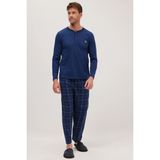 Erkek Regular Fit Pamuklu Düğmeli Yaka Beli Lastikli Desenli İndigo Pijama Takımı